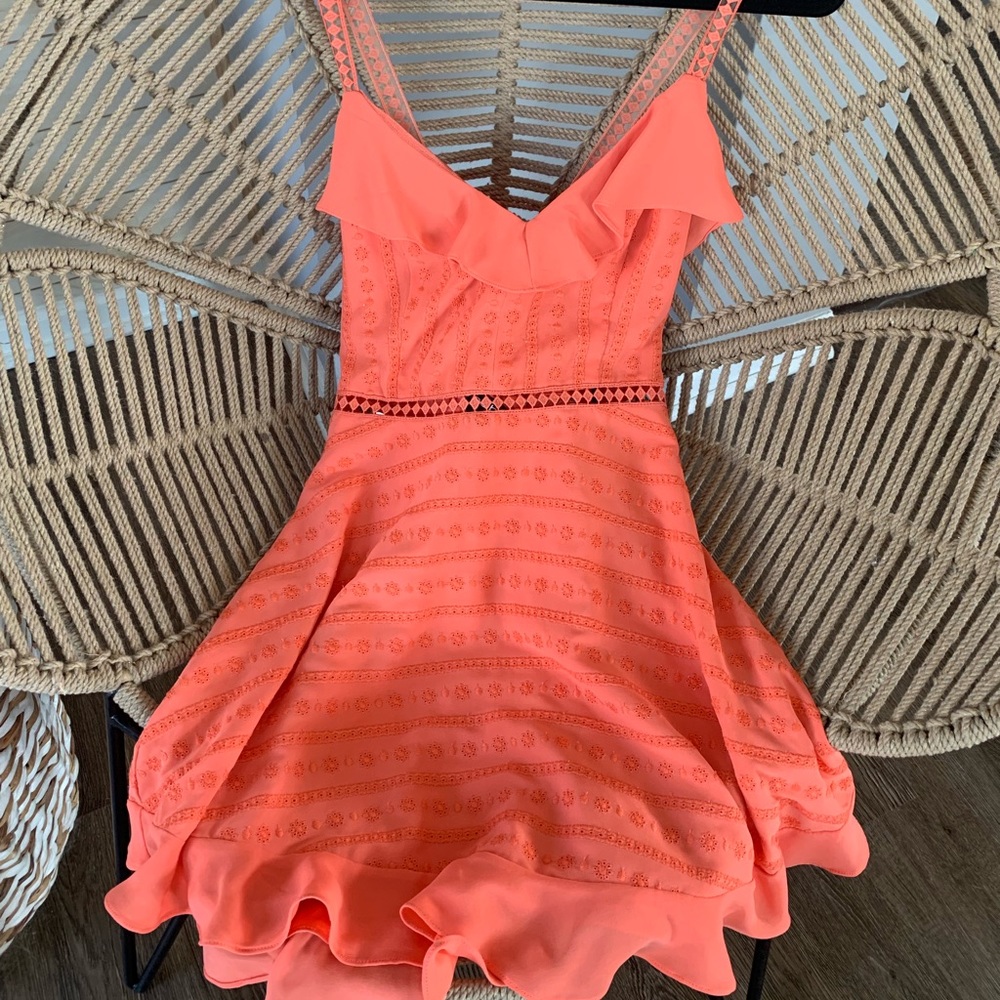 Orange embroidered ruffle mini dress